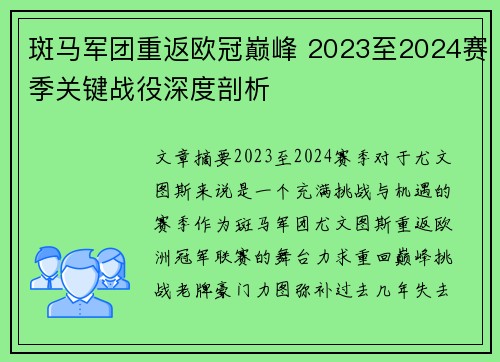 斑马军团重返欧冠巅峰 2023至2024赛季关键战役深度剖析