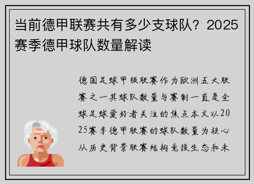 当前德甲联赛共有多少支球队？2025赛季德甲球队数量解读
